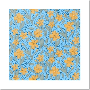 Buttercup floral pattern on blue Posters and Art